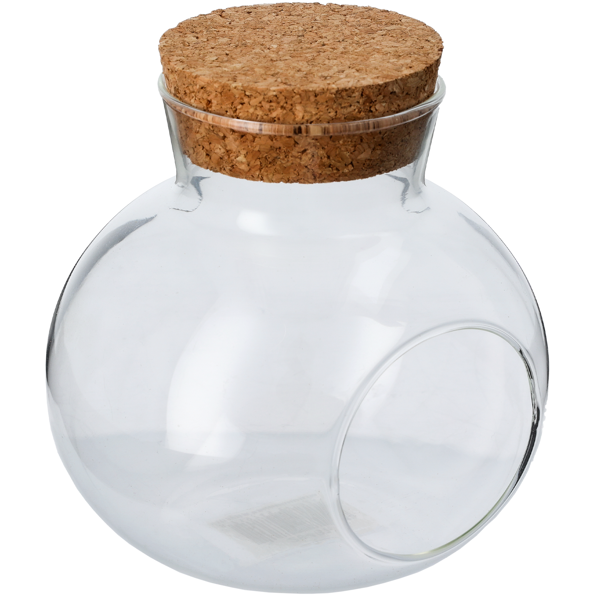 Glaskula med kork och hål
